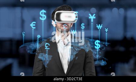 Ein Geschäftsmann setzt sich mit Virtual-Reality-Technologie auseinander, trägt ein Headset inmitten von schwebenden Währungssymbolen und zeigt einen modernen Ansatz in den Bereichen Finanzen und Stockfoto