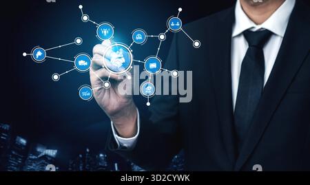 Ein Geschäftsmann im Anzug interagiert mit digitalen Verbindungen und repräsentiert globale Vernetzung und Kommunikation durch moderne Technologie und urbanes Design Stockfoto