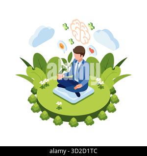 Isometrischer Geschäftsmann, der friedlich Meditation in der Natur praktiziert. Achtsamkeit und mentales Gesundheitskonzept Stock Vektor