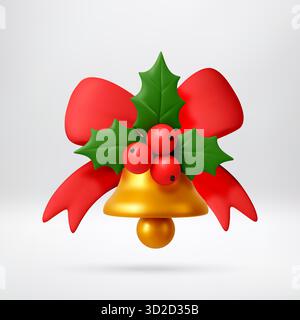 Goldene 3D-Weihnachtsglocke mit roter Schleife und stechpalme. Stock Vektor