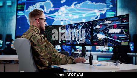 Überwachung Militärischer Operationen: Regierungsbeamter Mit Virtual Command Center Technologie Stockfoto