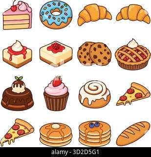 Minimalistisches Set Aus Bäckerei Line Art Icons. Dessert Symbole für Cookies, Croissant, Kuchen, Kuchen und Gebäck auf weißem Hintergrund. Stock Vektor