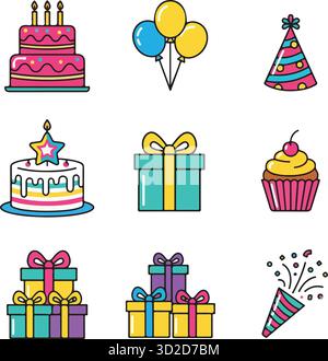 Minimalistische Silhouette-Symbole zum Geburtstag in Schwarz und weiß. Set mit vier Symbolen für Kuchen und Ballon für die Feier. Stock Vektor