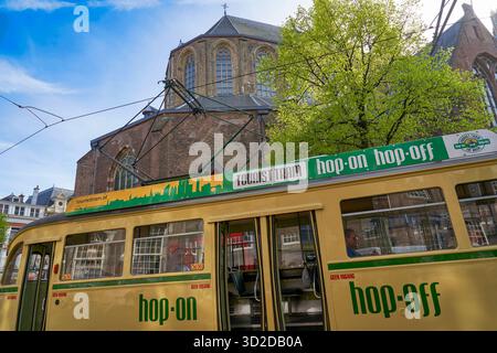 Hop-on-Hop-off-Touristenbahn im Zentrum von den Haag, Niederlande Stockfoto