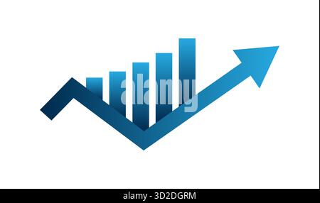 Blaues Gradientenbalkendiagramm mit Aufwärtspfeil für das Geschäftswachstum, das Symbol für die finanzielle Performance darstellt, Vektordesign auf weißem Hintergrund Stock Vektor