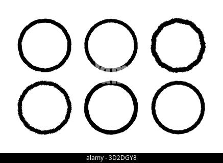 Vektorsatz von verstörten Grunge Pinselstrich runden Kreis Elementen isoliert auf weißem Hintergrund für kreative Design Projekte Illustrationsdekoration Stock Vektor