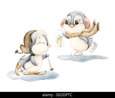 Niedliche Pinguine, die Skifahren mit warmer Kleidung. Aquarell Hand gezeichnete Illustration isoliert auf weißem Hintergrund für Winterdesign Weihnachtskarte Baby Stockfoto