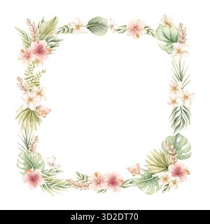 Monstera Palm Hinterlässt Hibiscus Plumeria Blumen. Tropischer exotischer Rahmen. Aquarell handgemalt Sommer Pastell neutral isolierte Illustration auf weißem Ba Stockfoto