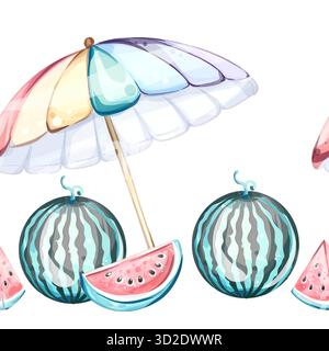 Lebhaftes nahtloses Muster für den Sommerurlaub mit Sonnenschirmen, saftigen Wassermelonen und fruchtigen Köstlichkeiten als Hintergrundtapete Stock Vektor