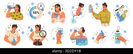 Set mit Wasserroutinen und Trinksymbolen. Vektorflüssigkeitsverbrauch und Infografik von Getränken. Hydration und Gesundheit, Getränke-Balance und Ernährungsgewohnheit, gesunde Lebensweise Zeichen. H2O-Flüssigkeit. Stock Vektor