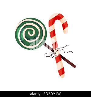 Weihnachtlicher Lutscher und Weihnachtsbonbons. Vektorwirbel auf Stab mit Streifen. Festliche Süßwaren für Neujahr und Weihnachten. Dekoratives Dessertsymbol für die Dezemberparty. Süßer Snack. Stock Vektor
