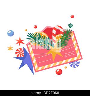 Neujahrsbrief oder Begrüßung im Winterurlaub. Vektorumschlag mit Süßigkeiten oder Süßigkeiten, behandeln. Festliche Korrespondenzkarte für Einladung und frohe Weihnachtsfeier. Symbol für Weihnachtsnachricht im Dezember Stock Vektor