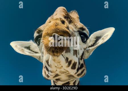 Eine riesige Giraffe, die den winzigen Fotografen im Etosha-Nationalpark in Namibia, Südafrika, Afrika neckt Stockfoto