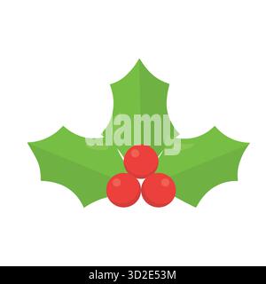 Ein festlicher stechpalmenzweig mit drei roten Beeren und spitzen grünen Blättern. Perfekt für Weihnachtsdekorationen, saisonale Karten und Weihnachtsmotive. Stock Vektor