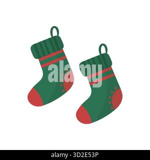 Zwei grüne Weihnachtsstrümpfe mit roten Bündchen, Absatzschuhen und Zehen, Punktmuster und Aufhängeschlaufen. Ideal für festliches Design und saisonale Deko Stock Vektor