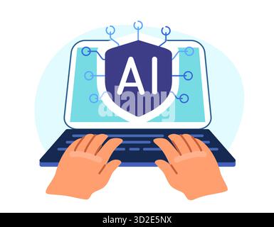AI cpu-Mikrochip auf Laptop-Bildschirm. Die Person nutzt Technologie der künstlichen Intelligenz bei der Arbeit Stock Vektor