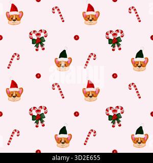 Niedliche, nahtlose Weihnachtsmuster mit Corgi-Hunden in Weihnachtsmützen und Weihnachtsbonbons. Illustrationen stehen zum Drucken zur Verfügung Stockfoto