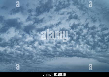 Strukturierter, bewölkter Himmel mit mehrschichtigem Altocumulus-Muster und dramatischen Grautönen, die die sich nähernde Sturmfront und die natürliche Atmosphäre darstellen Stockfoto