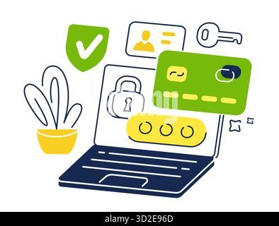 Kreditkarte und Bank-App auf dem Laptop-Bildschirm. Sichere Online-Zahlungen, Datenschutz, digitale Geldbörse Stock Vektor