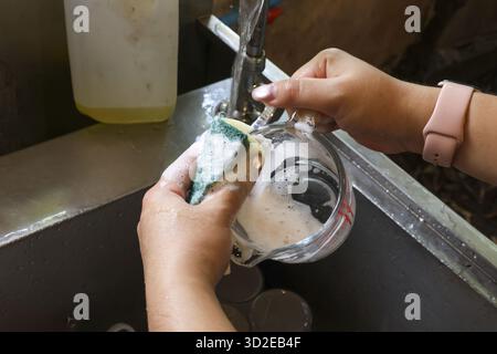 Frauenhände waschen Glasbecher mit Schwamm und Seifenschaum in Küchenspüle. Bei dieser täglichen Routine wird die Reinigung mit fließendem Wasser für eine gute Hygiene durchgeführt Stockfoto