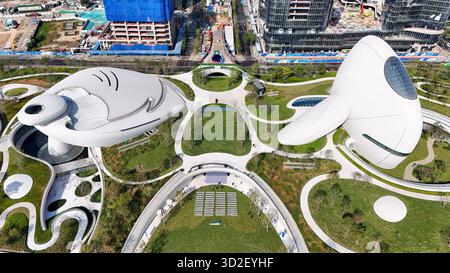 Shenzhen. November 2025. Ein Drohnenfoto vom 1. November 2025 zeigt einen Blick auf den Shenzhen Bay Culture Square in Shenzhen, der südchinesischen Provinz Guangdong. Der Shenzhen Bay Culture Square begann am Samstag mit der Probefahrt. Der Wahrzeichen-Platz mit einer Baufläche von 188.000 Quadratmetern verfügt über neun Ausstellungshallen. Quelle: Liang Xu/Xinhua/Alamy Live News Stockfoto