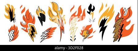 Doodle brennende Blitze. Leuchtender Blitz, handgezeichnete lustige Elemente, dekorative Blitze, Zungen von Flammen, brennende Feuer, Aufkleber und Etiketten Stock Vektor