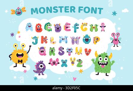 Niedliches Monster-Alphabet. Lustige Farbbuchstaben für Kinder, Comic hässliche Charaktere, verspielte Schriftart, kindliches abc, Feenschwanzkreaturen, fantasievolle Kreativität Stock Vektor
