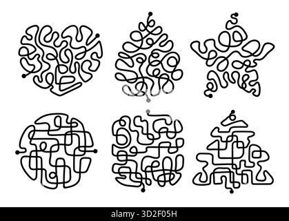 Labyrinth-Spielarten. Lernlabyrinthe für Kinder, Suche nach dem richtigen Weg, Formen Vorlagen, Design von Spielbüchern für Kinder, Suche nach dem Weg zum Ausgang, Logik Stock Vektor