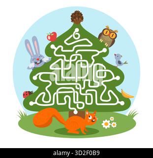 Labyrinth für Kinder. Niedliche Tiere, helfen, Weg zu finden, Kinderlabyrinth, Waldleben, Eichhörnchen, Eulen, Hasen, lustige Charaktere, Suche nach Route Cartoon Wohnung Stock Vektor