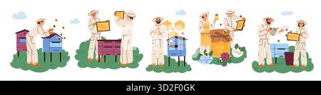 Cartoon-Imker. In Schutzkleidung ausgestattete Landarbeiter sammeln Bienenstöcke Honig und kümmern sich um Bienen und Bienenstöcke, Bio-Produkte und Waben Stock Vektor