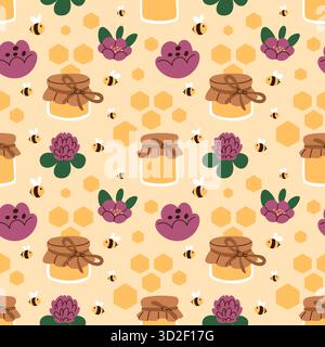 Nahtloses Muster der Bienenstöcke. Wiederholtes Element der Honigfarm, süßes Bio-Produkt, fliegende Bienen, Kämme und Blumen. Küchentextilien, Geschenkpapier Stock Vektor
