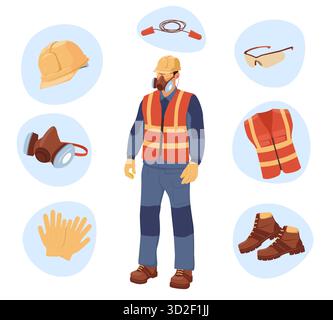 Persönliche Schutzausrüstung. Mann in Sicherheitsausrüstung, Schutzhelm, Weste, Maske, Handschuhen und Schuhen, Sicherheit, Bauarbeiter-Cartoon Stock Vektor
