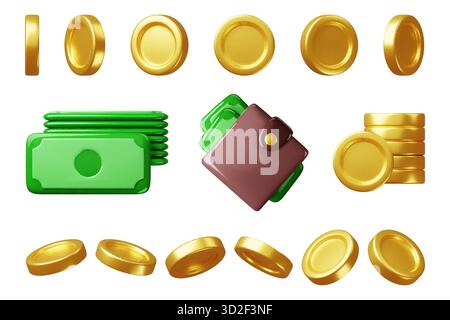 Comic 3D Finanzsymbole. Zahlungselemente, Geld, Finanz- und Managementobjekte, Goldmünzen, Banknoten und Geldbörse, glänzende Renderelemente, Bank Stock Vektor
