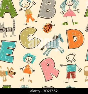 Nahtloses Schriftmuster für Kinder mit Buntstift. Wiederholte lustige Kritzelbriefe, Tiere und Menschen, strukturierte Baby-Typografie Textilien, Geschenkpapier, Tapeten Stock Vektor