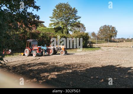 Zwei klassische landwirtschaftliche Traktoren mit landwirtschaftlichen Arbeitsgeräten stehen auf einem sonnendurchfluteten Feld unter klarem blauen Himmel und demonstrieren die Arbeit auf dem Bauernhof und Stockfoto