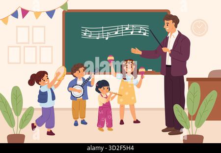 Musikunterricht. Schüler mit Musikinstrumenten in der Lehrerfront, Kindererziehung, talentierte Kinder in der Schule, Kunstgegenstand Cartoon Flat Style Stock Vektor