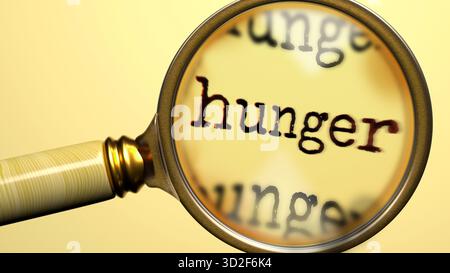 Der Hunger wird unter Lupe untersucht. Fokus auf ein Thema Hunger. Einen genaueren Blick auf den Hunger werfen. Prüfung Stockfoto