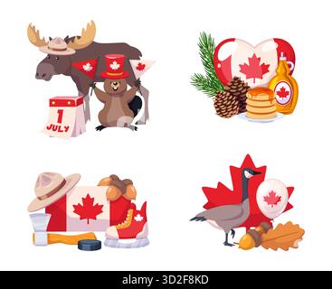 Canada Elements Kompositionen. Zeichentrick traditionelle Objekte Gruppen, Tiere, Geschirr und Symbole, Ahornsirup, Elche, biber auf Flagge mit Blatthintergrund Stock Vektor