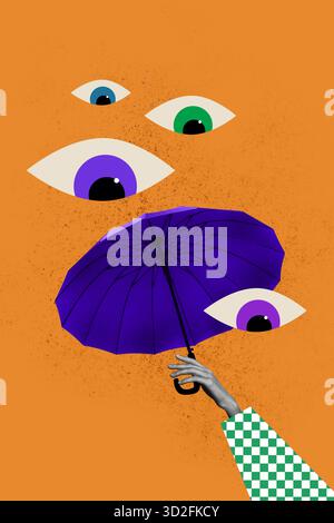 Trendbanner-Artwork 3D-Fotocollage von menschlicher Hand halten Regenschirm-Look Augapfel Augenheilkunde Überwachung Stalker-Kontrolle Stockfoto