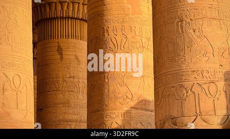 Kunst auf Säulen in den Tempeln von Philae, Assuan, Ägypten Stockfoto