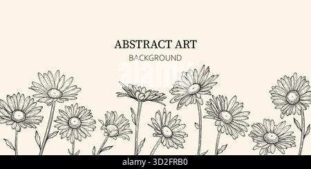 Handgezeichnetes Doodle Scribble Blumenpflanzen Kamillenbanner. Abstrakte Blumen Gänseblümchen. Kreativer minimalistischer abstrakter Kunsthintergrund. Design Wanddekoration, Stock Vektor