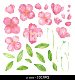 Set mit Blumenelementen. Blumenrosa Rose, grüne Blätter und Stiel. Hochzeitskonzept mit Blumen. Blumenplakat, Einladung. Stock Vektor