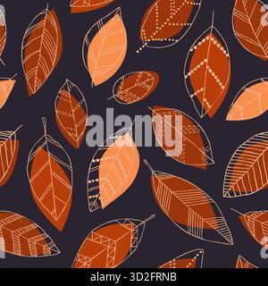 Kreative minimalistische Handzeichnung abstrakte Kunst nahtloses Muster gelbe, orange Blätter Skizze auf lila Hintergrund. Design Hintergrund für Mode, Stoff Stock Vektor