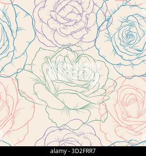 Wunderschönes nahtloses Schwarzweiß-Muster mit Linien-Rosen. Handgezeichnete Konturlinien. Design-Grußkarte und Einladung zur Hochzeit Stock Vektor