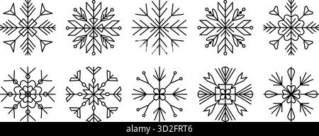 Schwarzes Schneeflocken-Set, dekorative Vektorzeichen in verschiedenen Formen, monochrome Winter Clipart-Kollektion Stock Vektor
