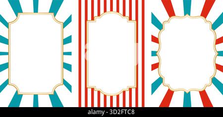 Retro Circus und Karneval Label Set. Vintage-Dekorationsrahmen mit Streifen, Tickets und Verpackungsdesign. Stock Vektor