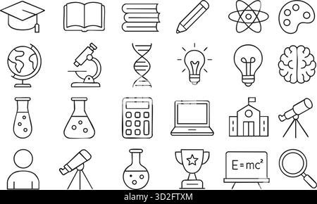 Wissenschaftssymbole. Mit Biologie, Labor, Experiment, Wissenschaftler, Forschung, Physik, Chemie und weitere Symbole. Stock Vektor