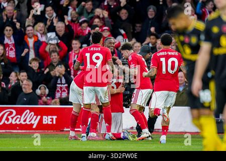 West Bridgford, Großbritannien. November 2025. Nottingham Forest Defender Nicolo Savona (37) erzielt ein TOR von 2-1 und feiert am 1. November 2025 im City Ground, West Bridgford, England, während des Spiels Nottingham Forest gegen Manchester United Premier League im City Ground, West Bridgford, England. Credit: Eleanor Hoad/Every Second Media Credit: Every Second Media/Alamy Live News Stockfoto