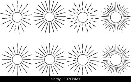 Kreative Vektorillustration von geometrischen Hand gezeichneten Sonnenstrahlen isoliert auf Hintergrund. Kunst Design lineare Sonnenwellen, strahlende Linien strahlende Sterne. Abst Stock Vektor