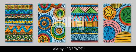Poster ethnische afrikanische Stammesschmuck. Abstrakte Hintergrunddesign-Vorlagen mit geometrisch gezeichneten Elementen, Mustern und Formen des alten Stammes Stock Vektor